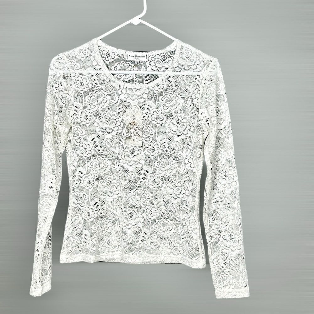 NWT ANNE FONTAINE Sevol Long Sleeve White Lace Floral Top Blouse France 2 US M